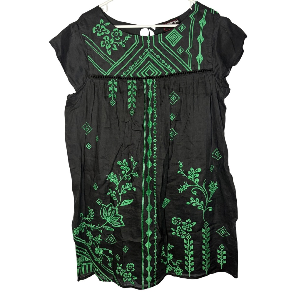 Johnny Was Workshop Tunic Large Boho Black Green Embroidered Ramie Top R36723-2